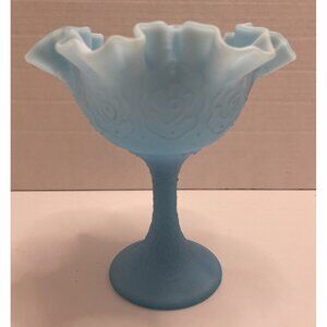Vintage Fenton Blue Satin Persian Medallion Double Crimped Compote - EUC